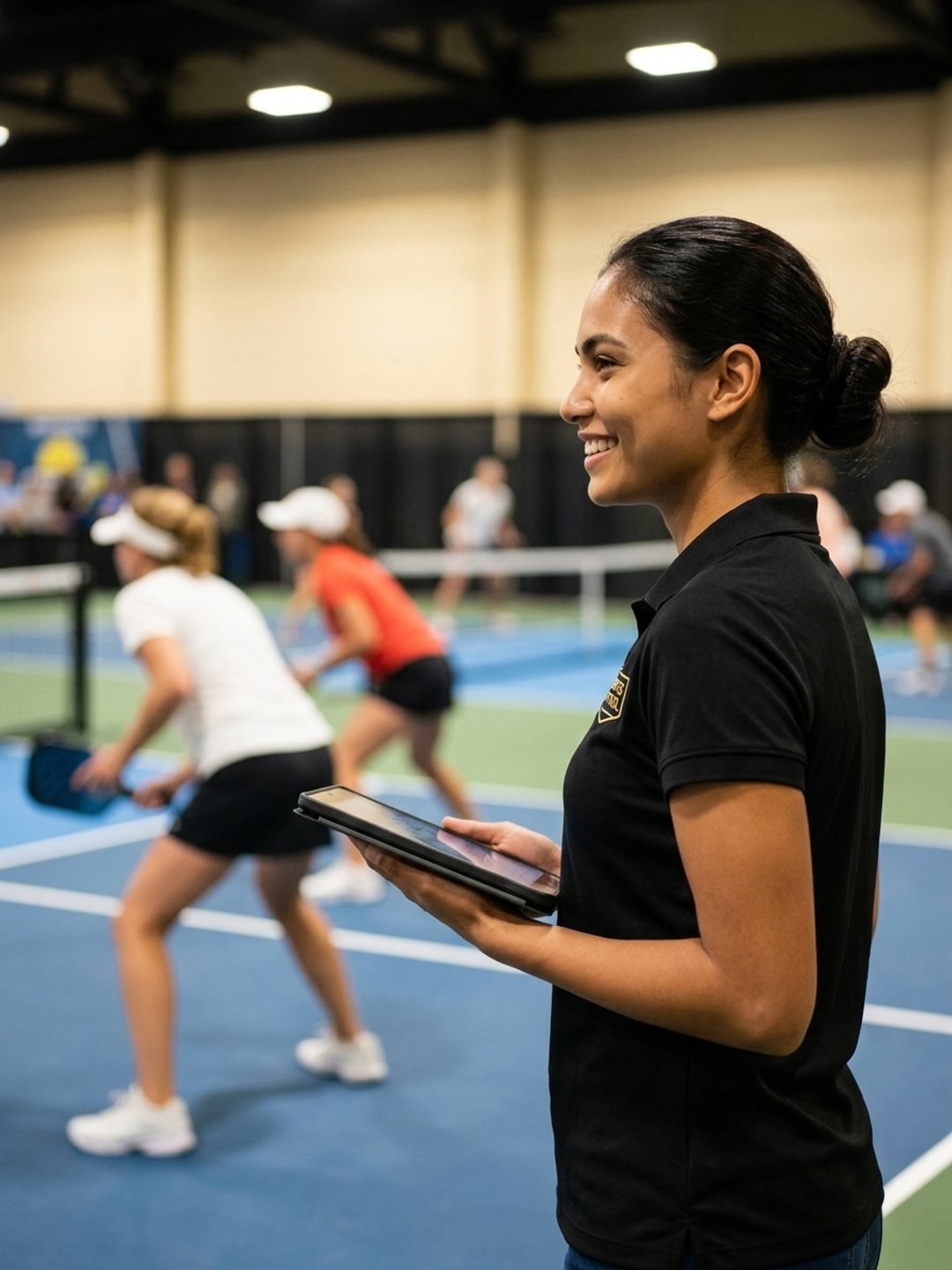 Tournament organizer following a live match with a tablet in hand