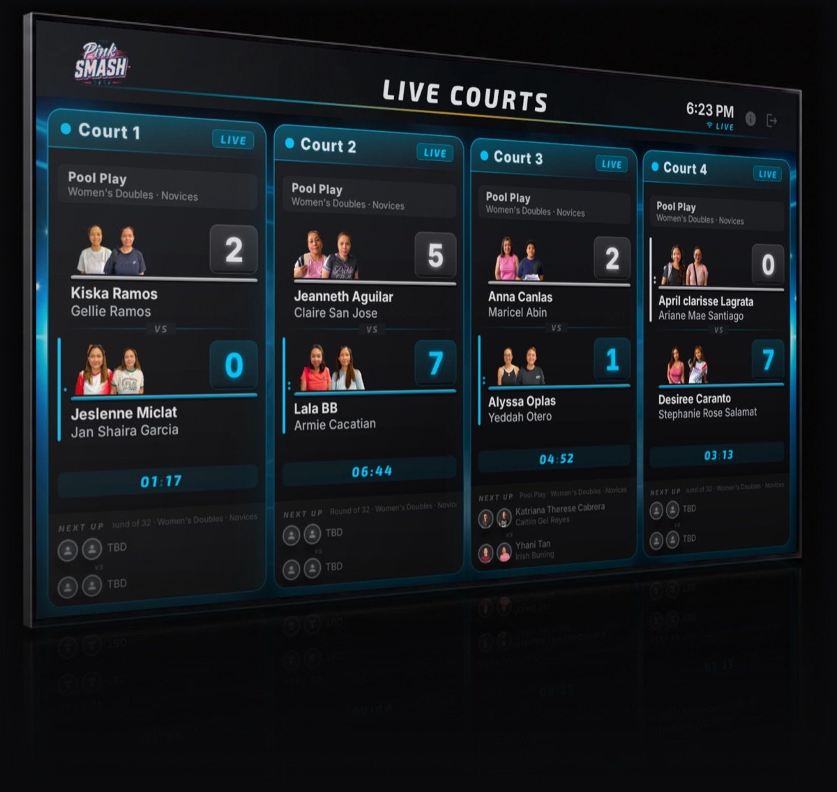 Sports Control TV's Live Courts screen from Pink Smash 2026 on a TV, showing live scores, players and match clocks for all four courts