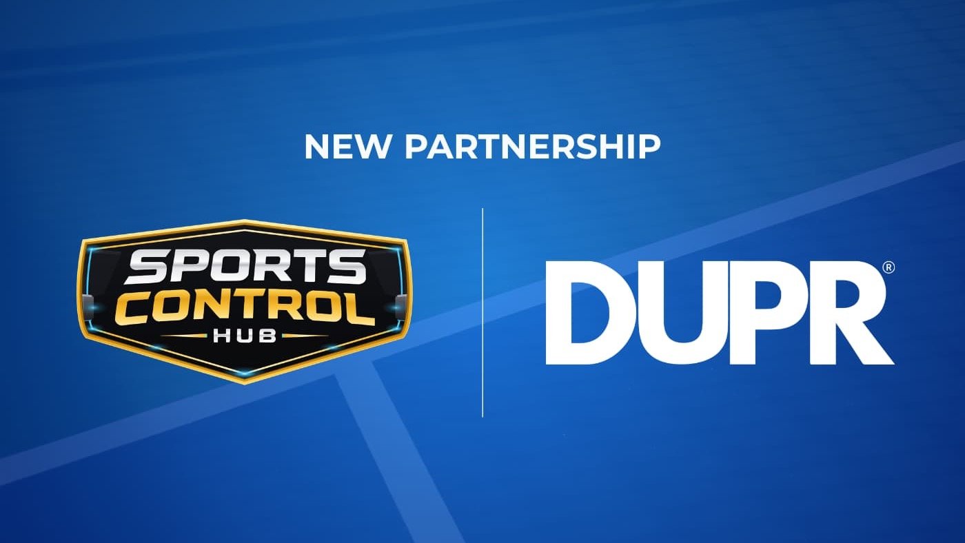 New Partnership graphic with the Sports Control Hub and DUPR logos side by side on a blue pickleball court background