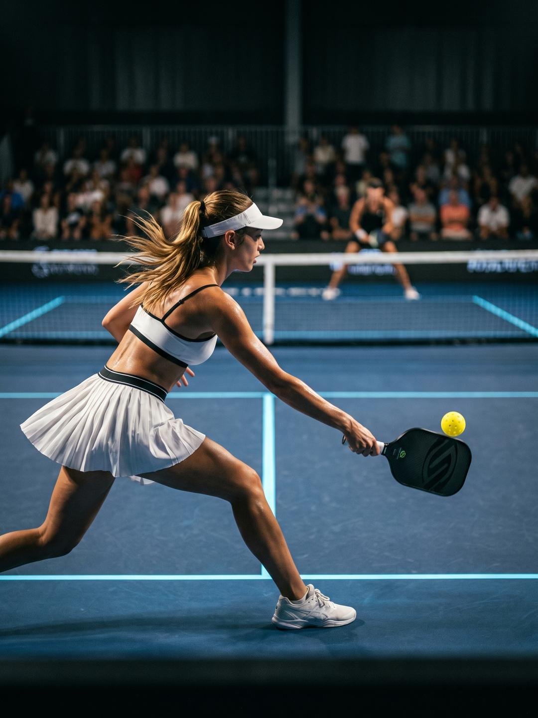 Pickleball player driving a forehand from the baseline mid-rally